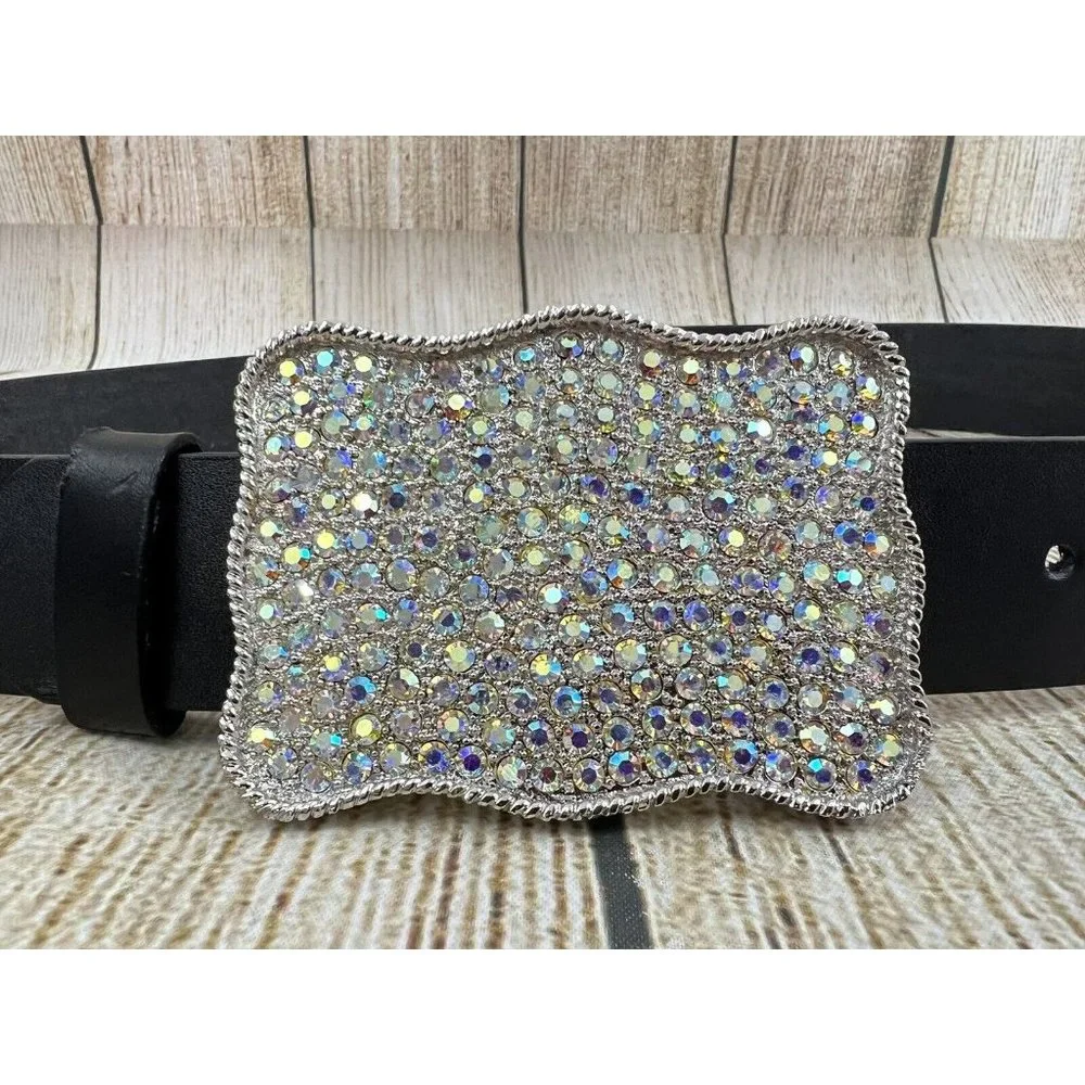 Aurora Borealis Clear Rhinestone Belt Buckle‎ Rectangle 2.5 x 3.5 Heavy Western